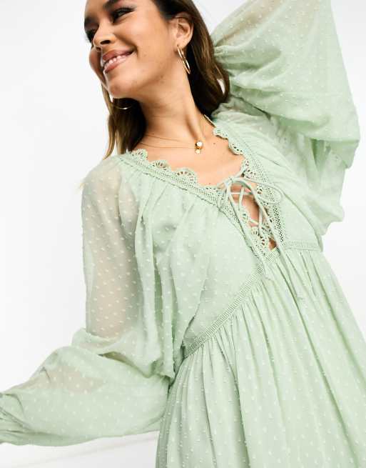 ASOS DESIGN lace trim plunge batwing mini dress with pep hem in sage dobby ASOS