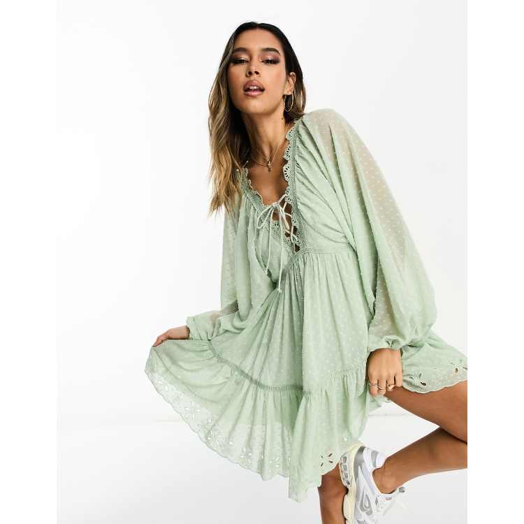 ASOS DESIGN lace trim plunge batwing mini dress with pep hem in sage texture ASOS