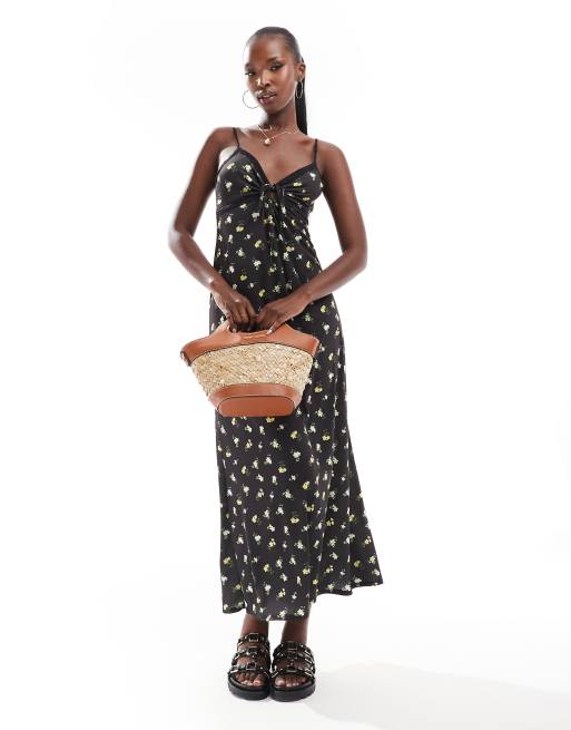 ASOS DESIGN lace trim plunge keyhole midaxi dress in black ditsy print ASOS