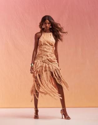 Asos Design Lace Trim Racer Mini Dress With Ruffle Disheveled Hem In Orange