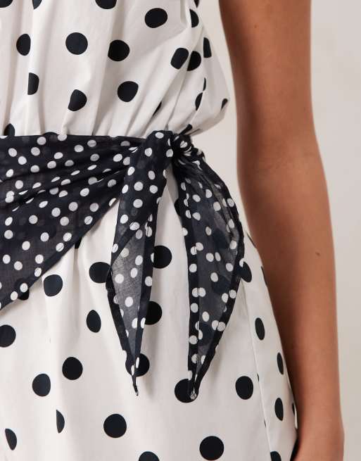 ASOS DESIGN lace trim romper with scarf waist in black polka dot, 3 of 4