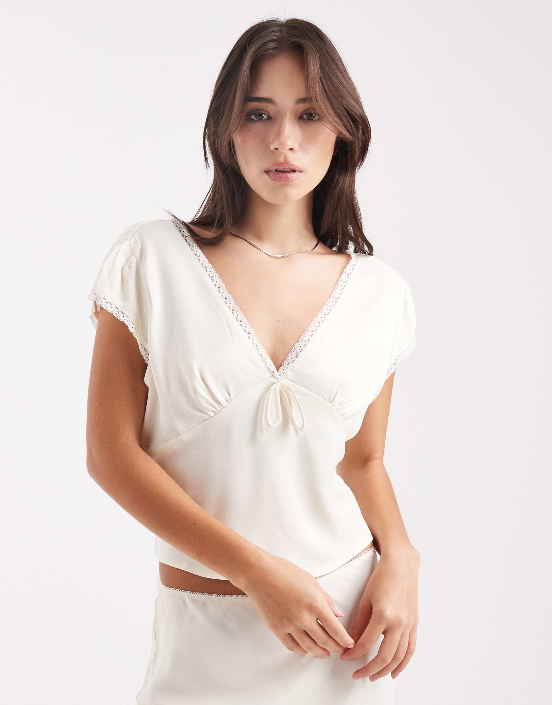 asos design lace trim satin blouse in ivory - part of a set