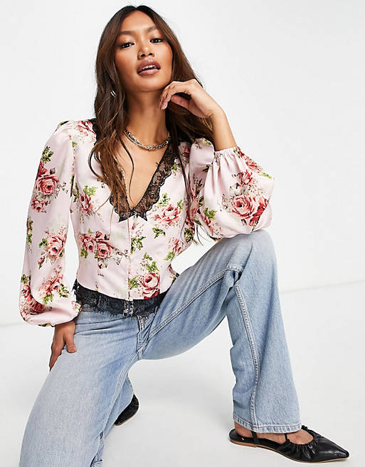 Women Shirts & Blouses/lace trim satin blouse with seam detail in floral print 