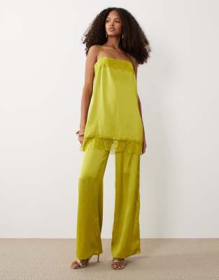 Asos Design Lace Trim Satin Cami Jumpsuit In Yellow