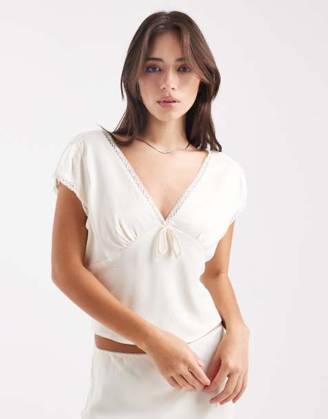 ASOS DESIGN lace trim satin co-ord blouse in ivory - view 1