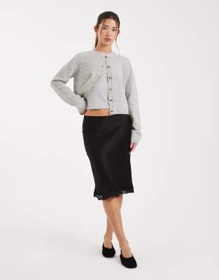 Asos Design Lace Trim Satin Midi Skirt In Black