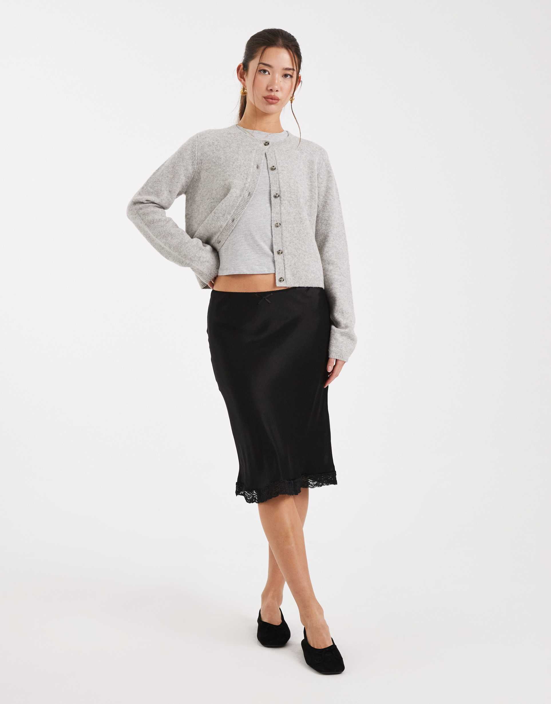 asos design lace trim satin midi skirt in black