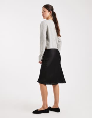 Asos Design Lace Trim Satin Midi Skirt In Black