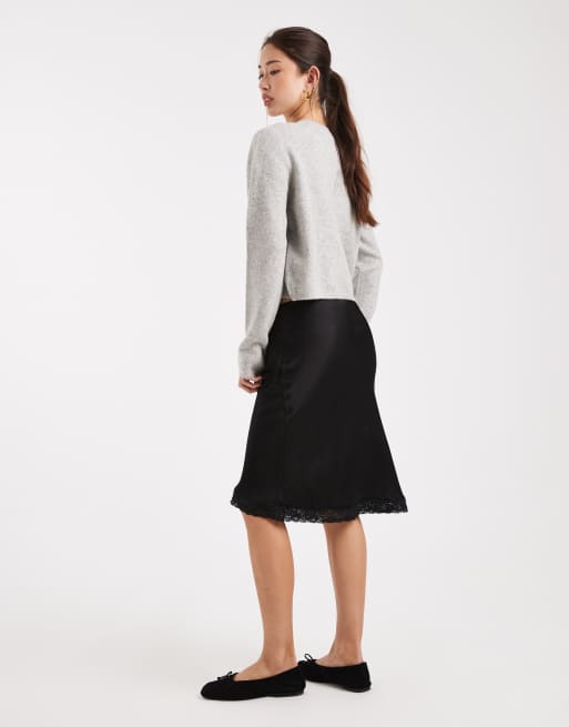ASOS DESIGN lace trim satin midi skirt in black, 2 of 5