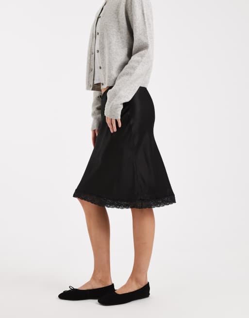ASOS DESIGN lace trim satin midi skirt in black, 4 of 5