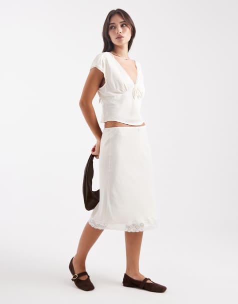ASOS DESIGN lace trim satin midi skirt in ivory (part of a set) - view 1