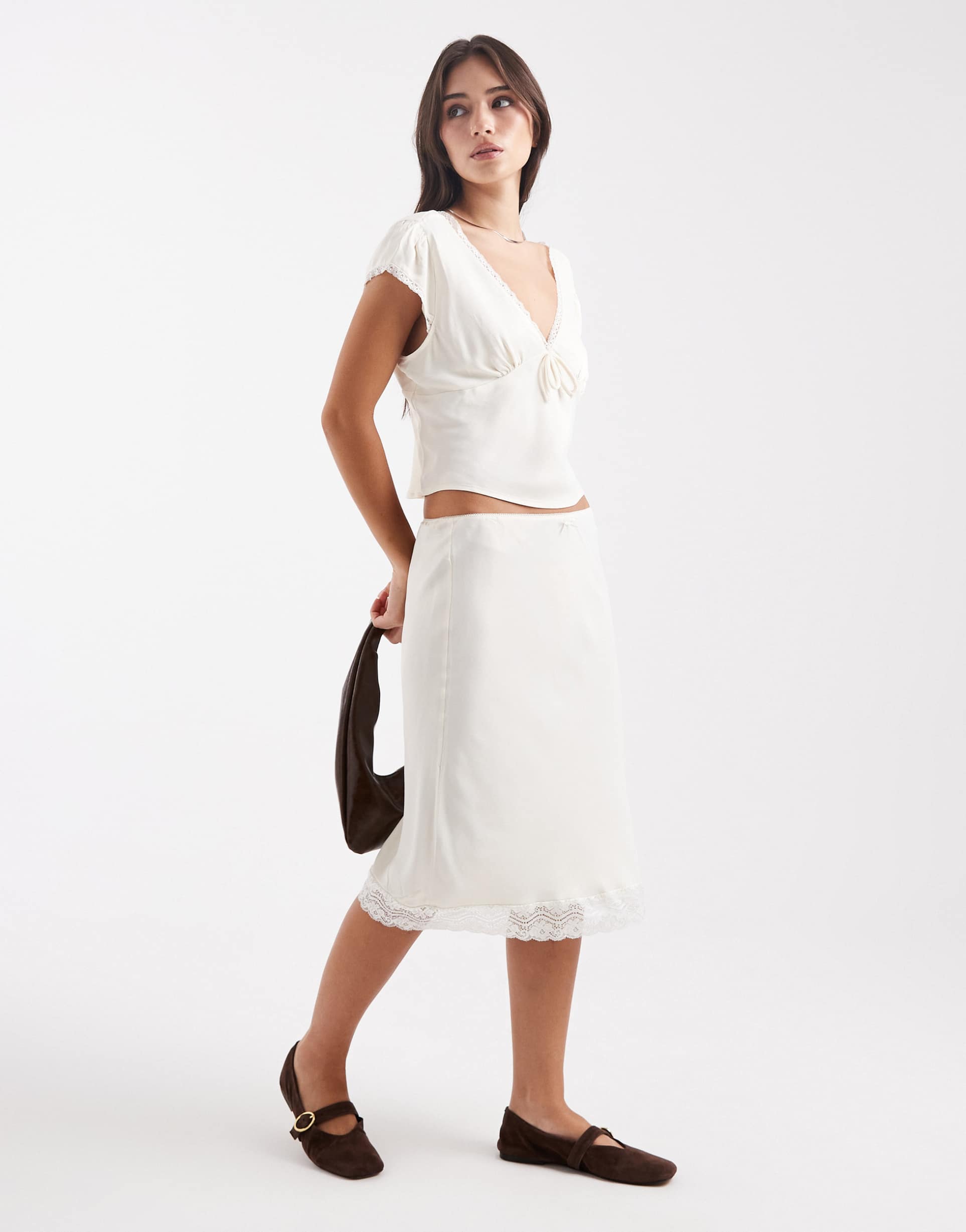 asos design lace trim satin midi skirt in ivory - part of a set