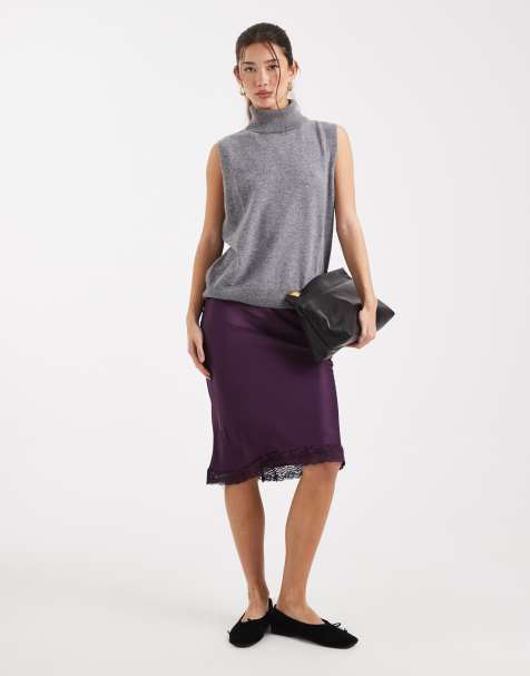 ASOS DESIGN lace trim satin midi skirt in plum - view 1