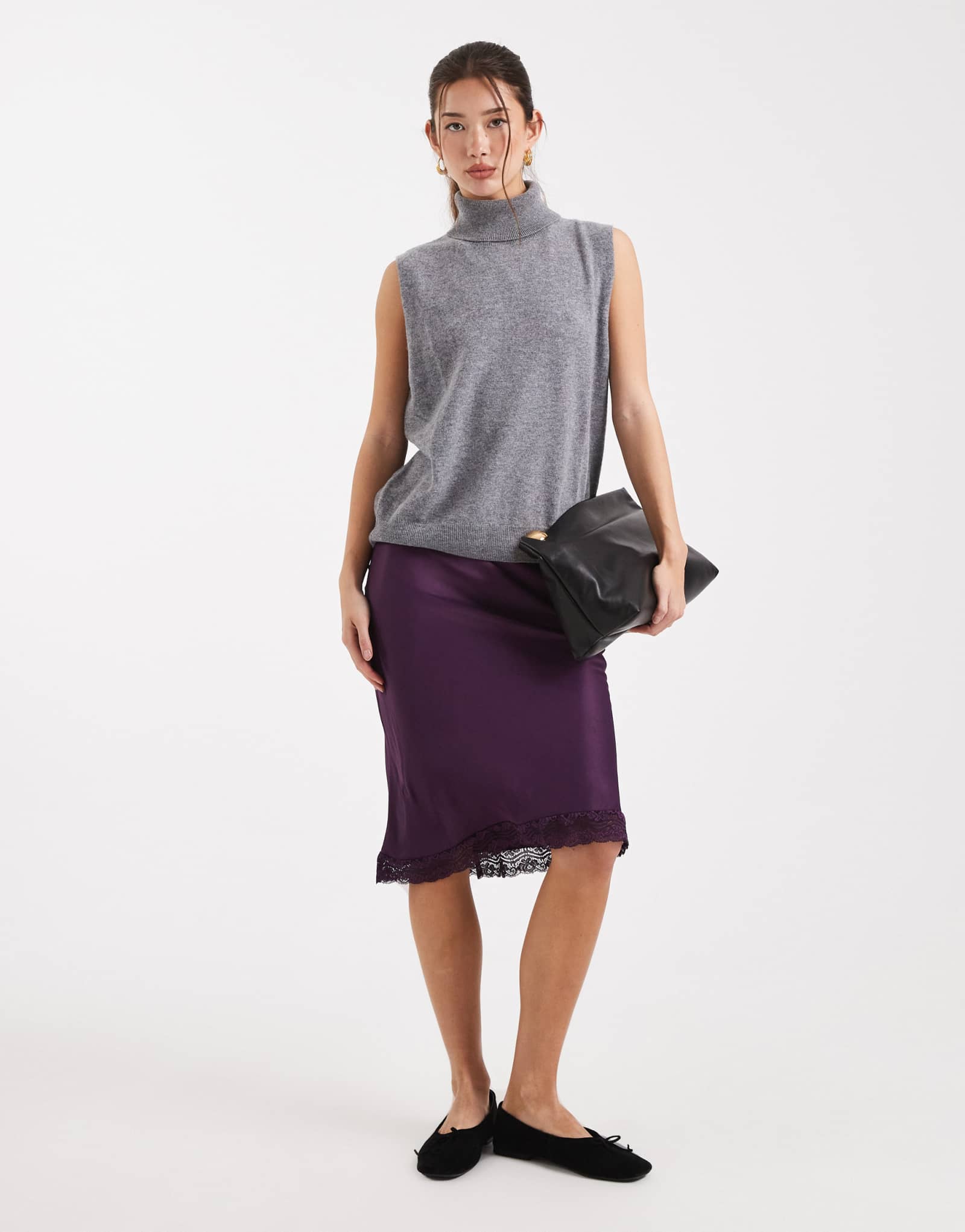 Атласная юбка миди сливового цвета с кружевной отделкой ASOS DESIGN