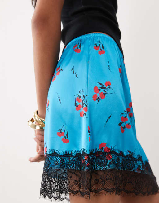 ASOS DESIGN lace trim satin mini skirt in blue ditsy print, 3 of 5