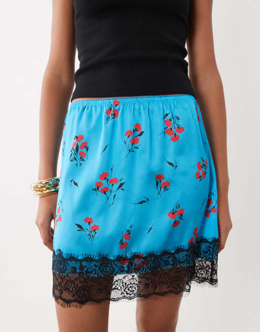 ASOS DESIGN lace trim satin mini skirt in blue ditsy print, 4 of 5