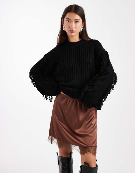 ASOS DESIGN lace trim satin mini skirt in chocolate - view 1