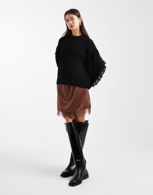Asos Design Lace Trim Satin Mini Skirt In Brown