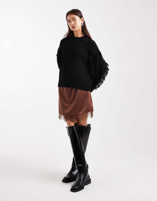 ASOS DESIGN lace trim satin mini skirt in chocolate