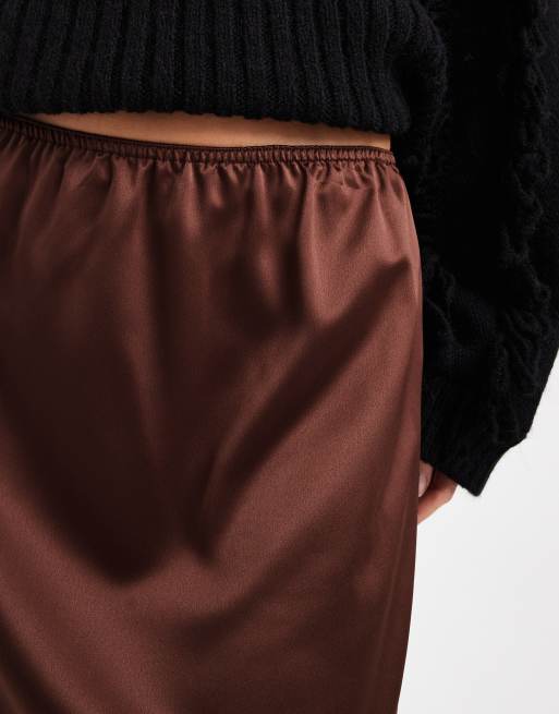 ASOS DESIGN lace trim satin mini skirt in chocolate, 3 of 5