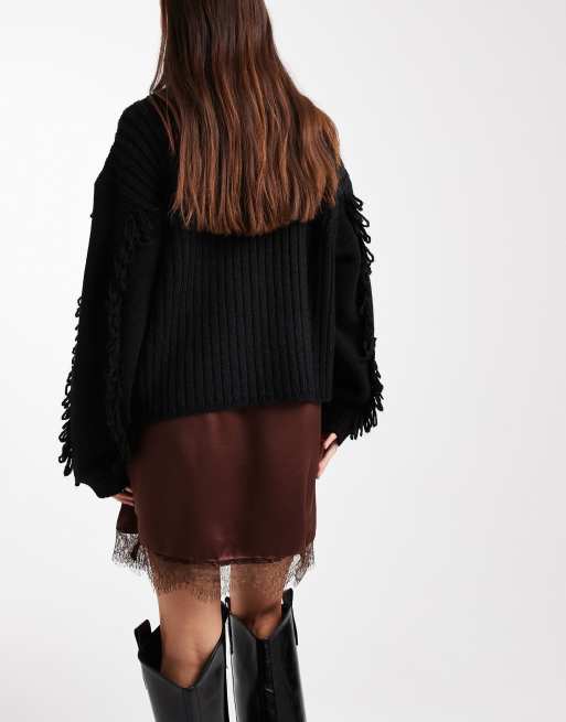 ASOS DESIGN lace trim satin mini skirt in chocolate, 4 of 5