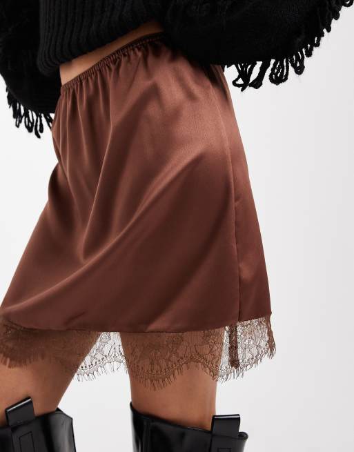 ASOS DESIGN lace trim satin mini skirt in chocolate