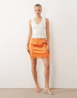 Asos Design Lace Trim Satin Mini Skirt In Orange