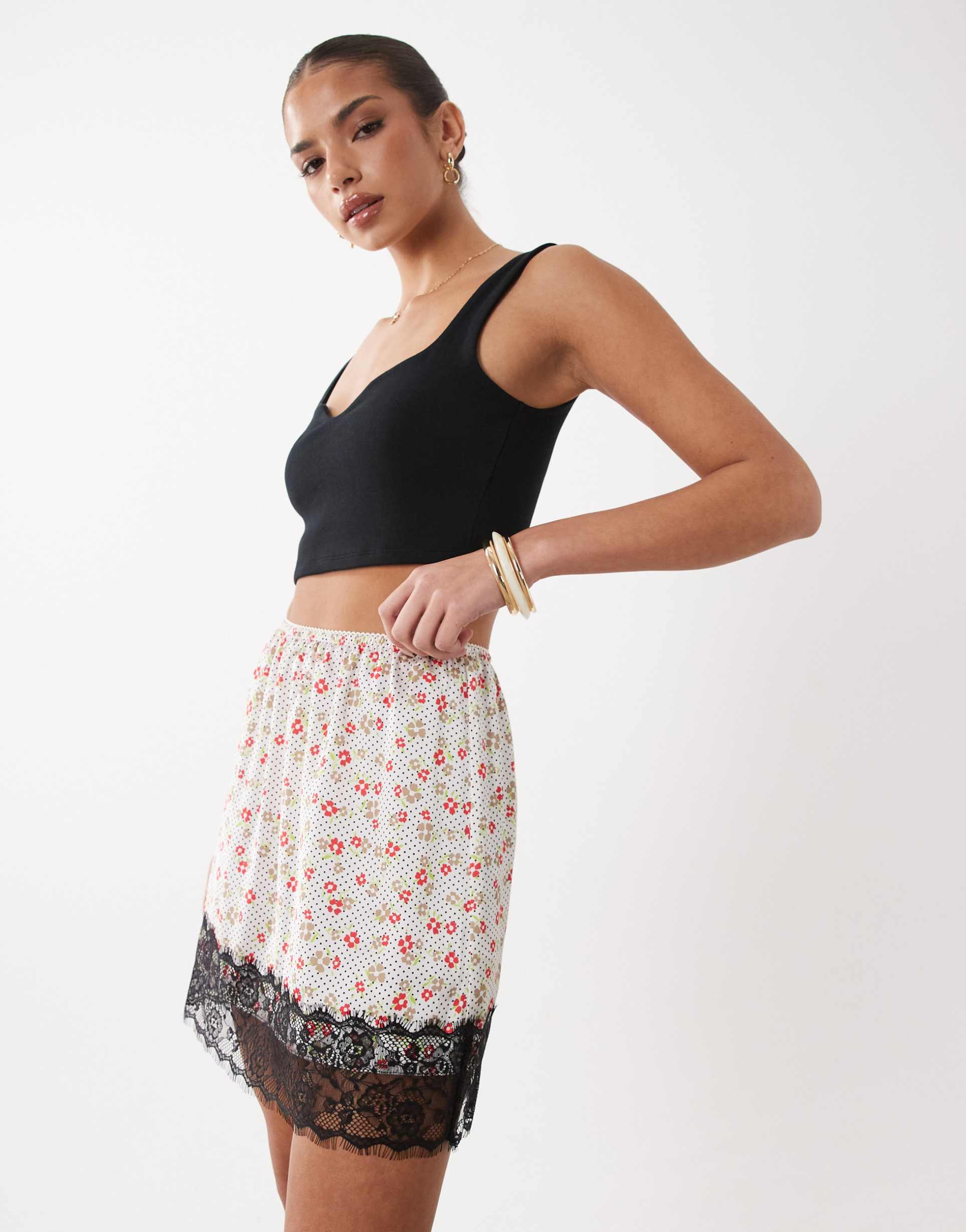 asos design lace trim satin mini skirt in white ditsy print
