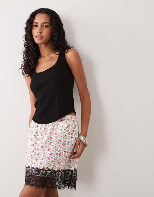 ASOS DESIGN lace trim satin mini skirt in white ditsy print, 2 of 5