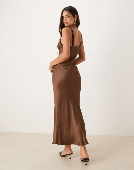 ASOS DESIGN lace trim satin slip maxi dress in chocolate