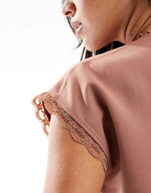 ASOS DESIGN lace trim short sleeve blouse in brown, 3 of 4