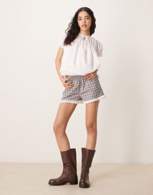 ASOS DESIGN lace trim shorts in brown check-Multi