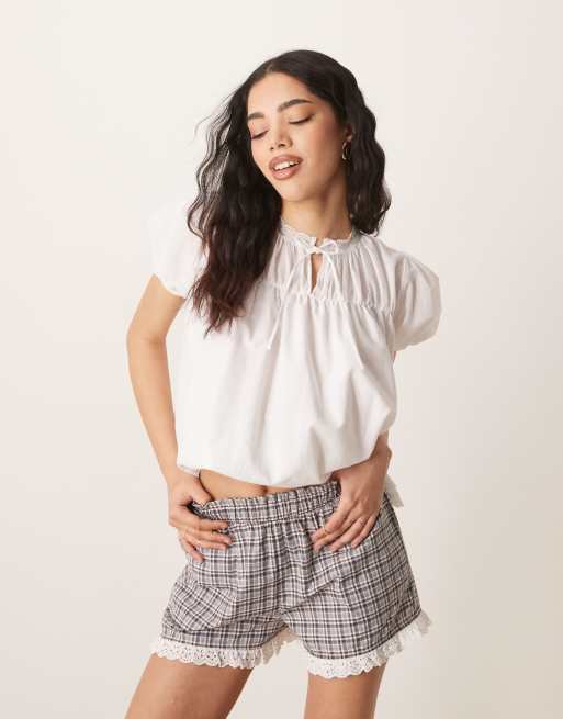 ASOS DESIGN lace trim shorts in brown check