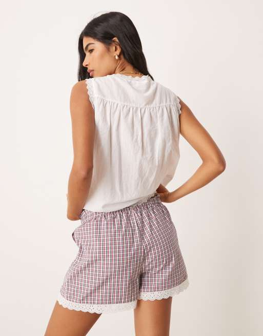 ASOS DESIGN lace trim shorts in multi check