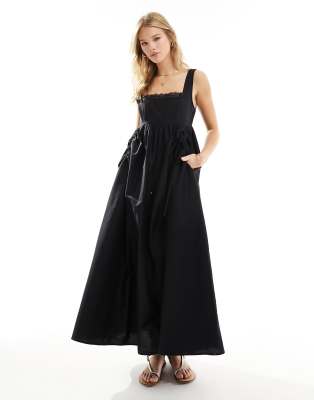 Asos Design Lace Trim Smock Midi Sundress With Bag Pocket Detail In Black