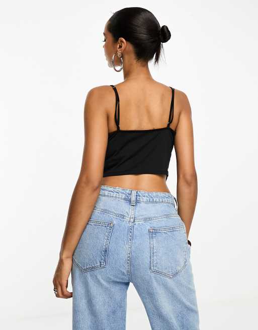 ASOS DESIGN lace trim split front cami top in black | ASOS