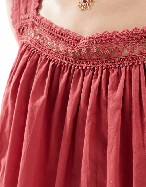 ASOS DESIGN lace trim square neck cami top in burgundy, 3 of 4