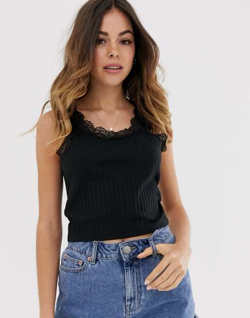 Lace-trimmed Tank Top - Black - Ladies