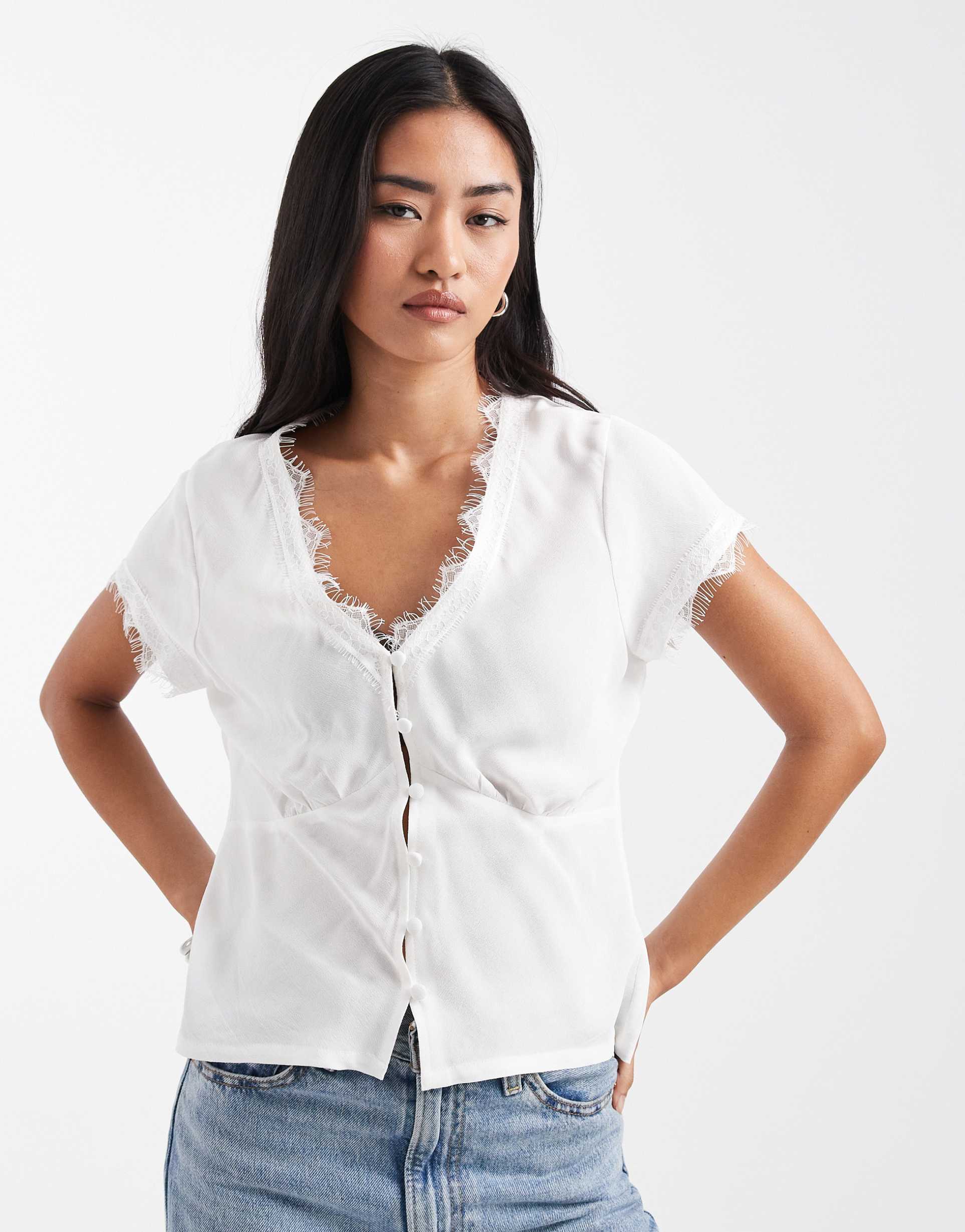 asos design lace trim tea blouse in cream