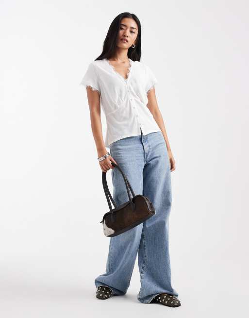 ASOS DESIGN lace trim tea blouse in cream, 2 of 4