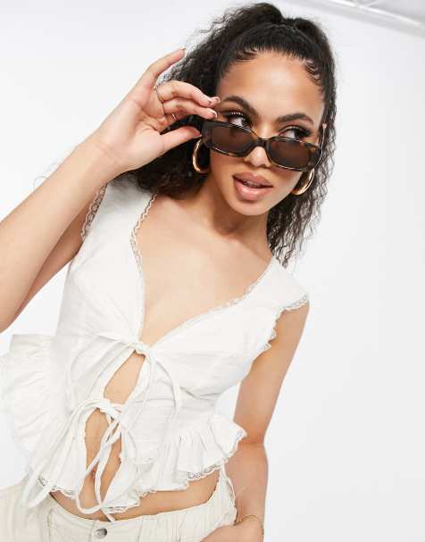 ASOS DESIGN lace trim tie front corset detail top in white - view 1