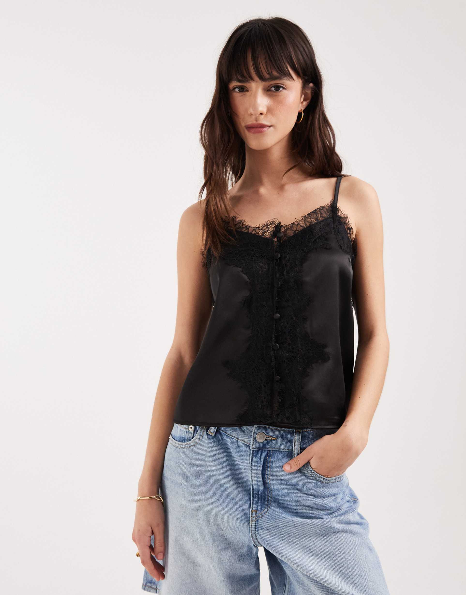 asos design lace trim tie satin cami top in black