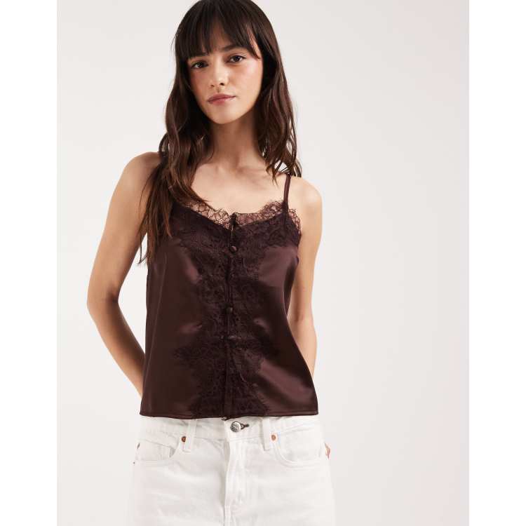 ASOS DESIGN lace trim tie satin cami top in brown | ASOS