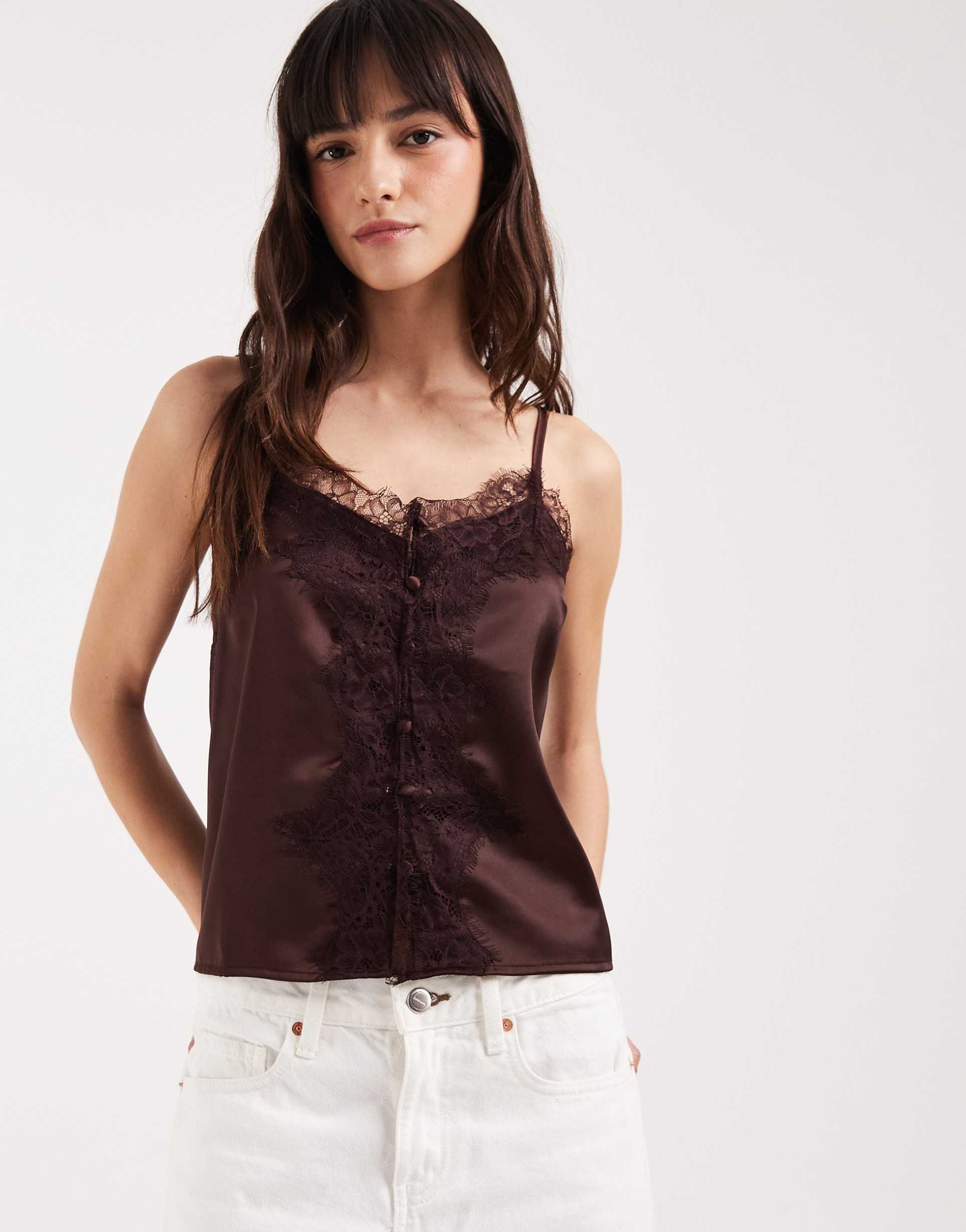 asos design lace trim tie satin cami top in brown