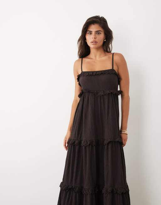 ASOS DESIGN lace trim tiered crinkle cami midi dress in chocolate, 2 of 4