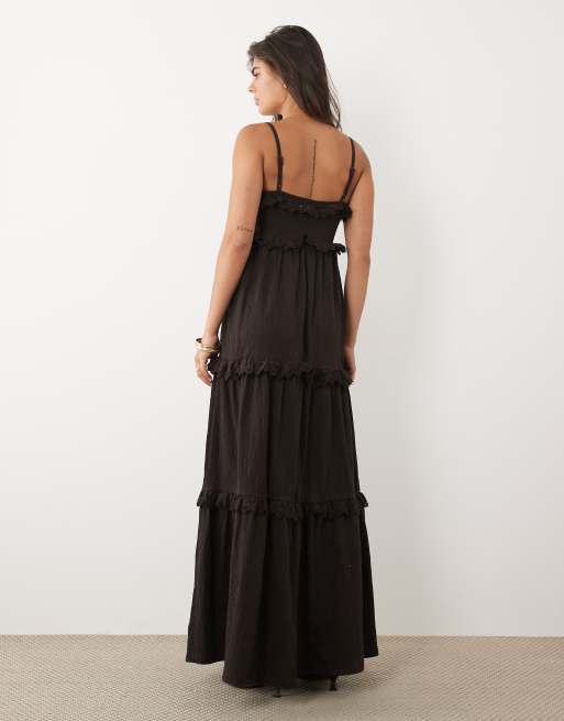 ASOS DESIGN lace trim tiered crinkle cami midi dress in chocolate, 4 of 4