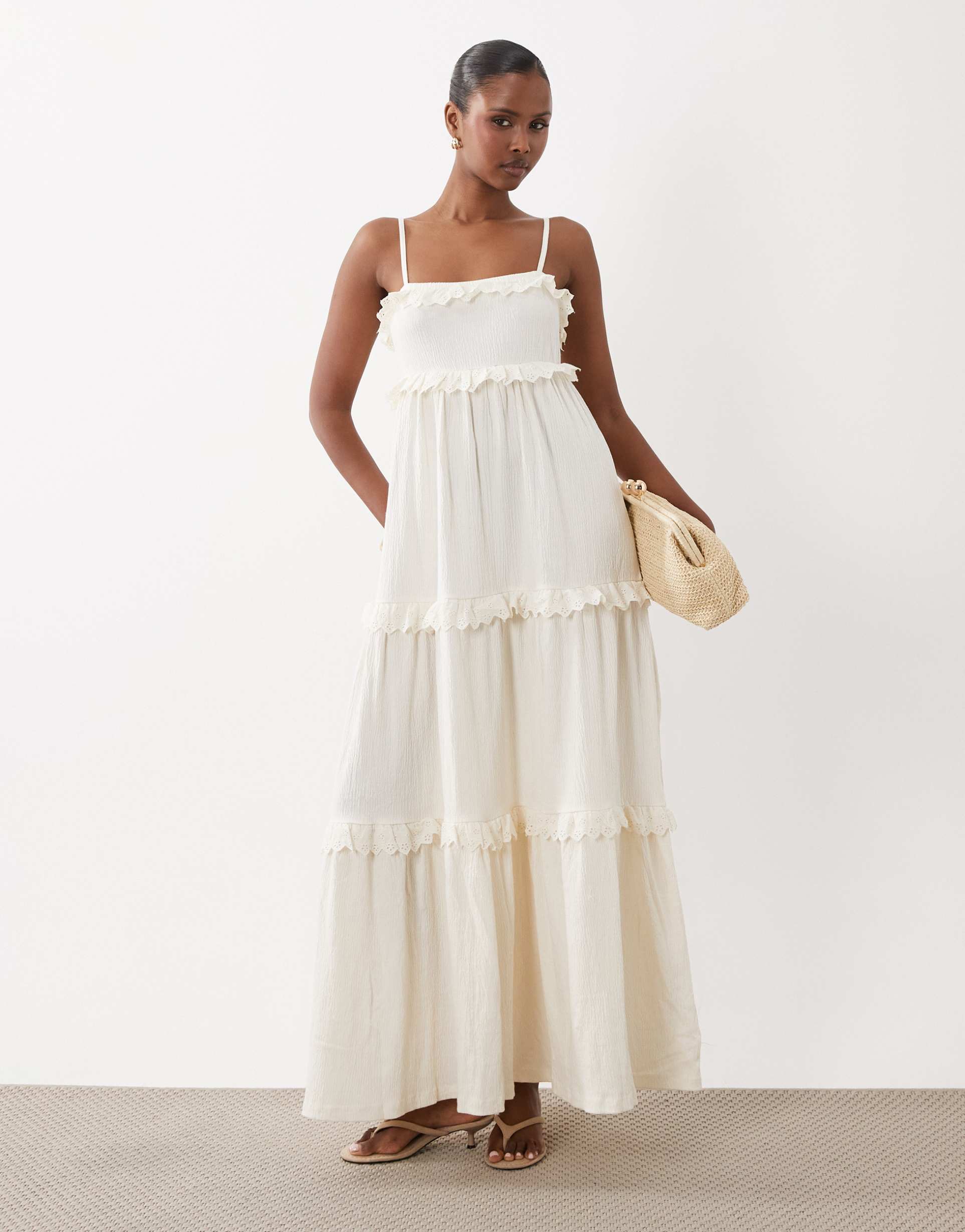 asos design lace trim tiered crinkle cami midi dress in cream