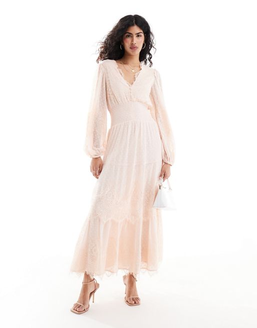  ASOS DESIGN lace trim tiered maxi dress in light pink dobby