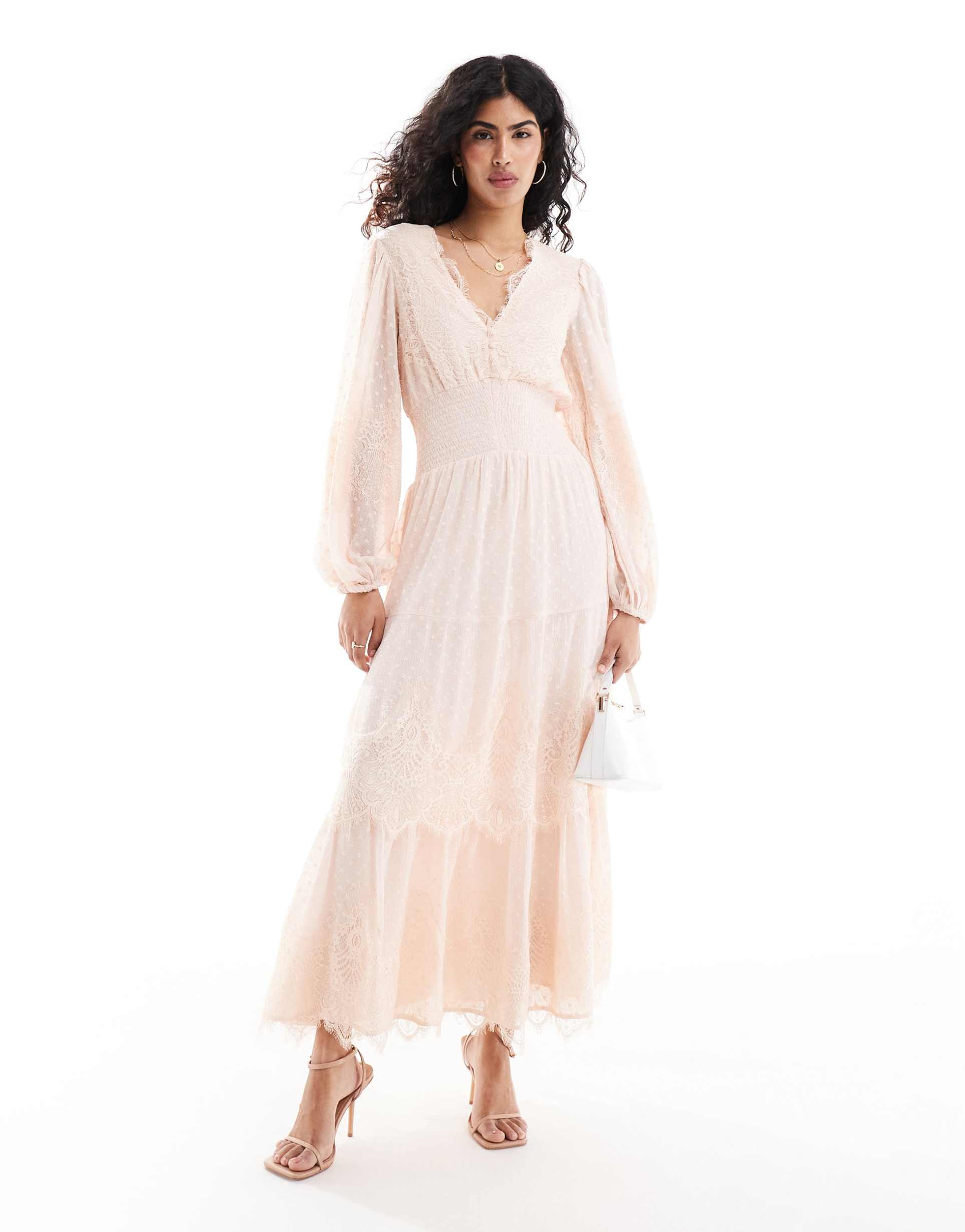 asos design lace trim tiered maxi dress in light pink texture