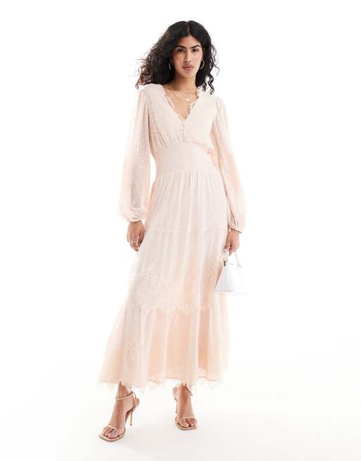 ASOS DESIGN lace trim tiered maxi dress in light pink texture